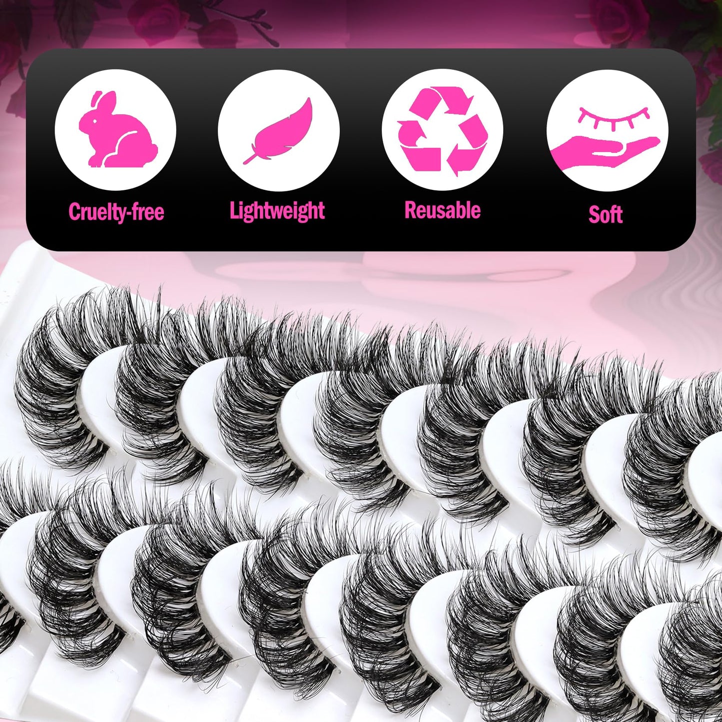 Veleasha Lashes Russian Strip Lashes Eyelashes with Clear Band Looks Like Eyelash Extensions D Curl Lash Strips 10 Pairs Pack (DT01)