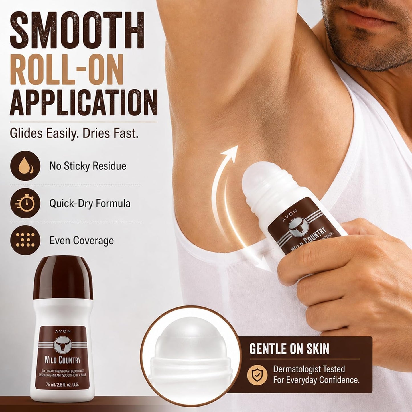 AVON Wild Country Roll-On Antiperspirant Deodorant for Men - 24-Hour Odor Protection, Quick-Dry Formula | Pack of 4, 2.6 oz