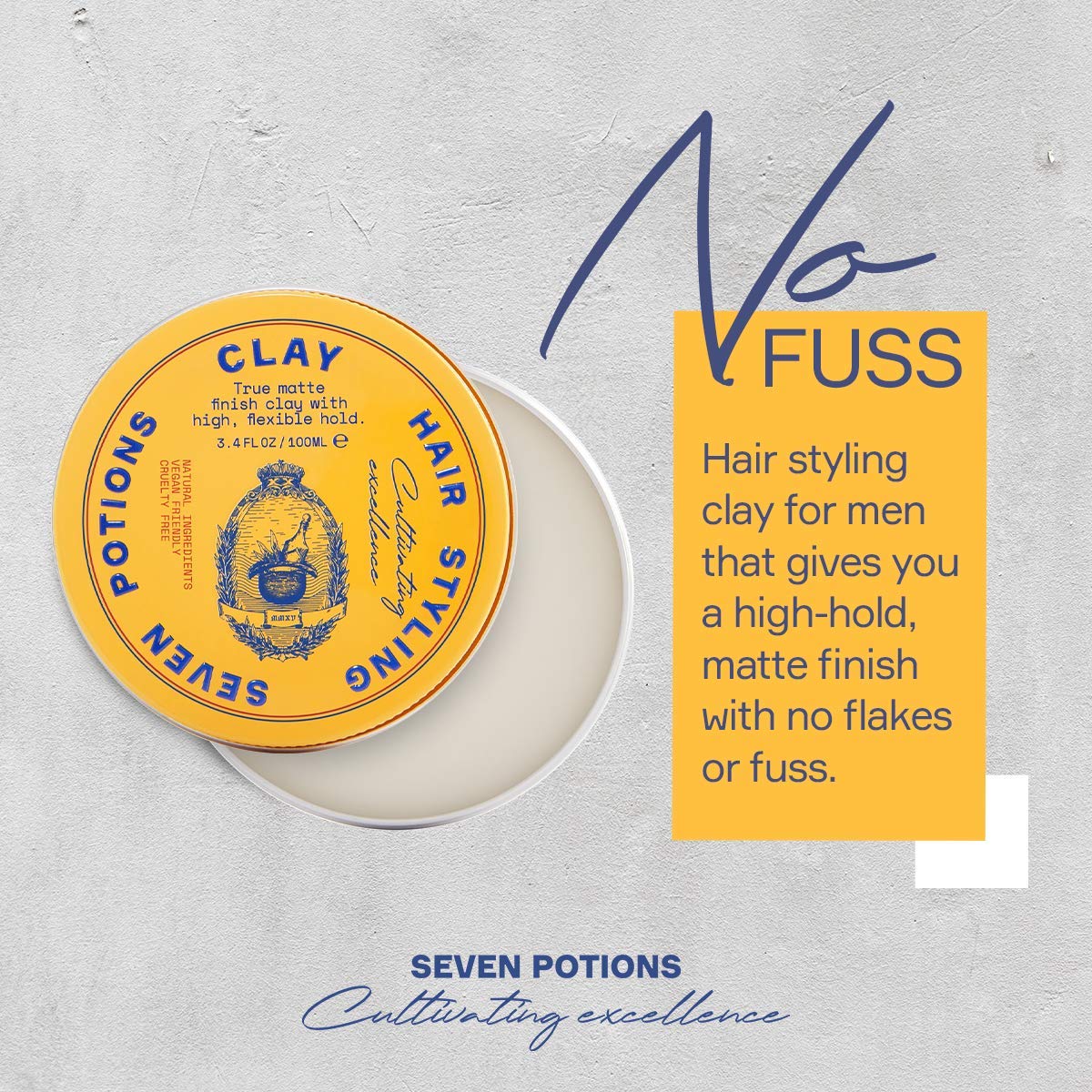 SEVEN POTIONS Hair Clay For Men and Women 3.4 fl oz - High Hold No Shine Hair Pomade For Men - Effortless Hair Styling Product That Leaves No Residue - Water Based - Natural, Vegan, Cruelty Free