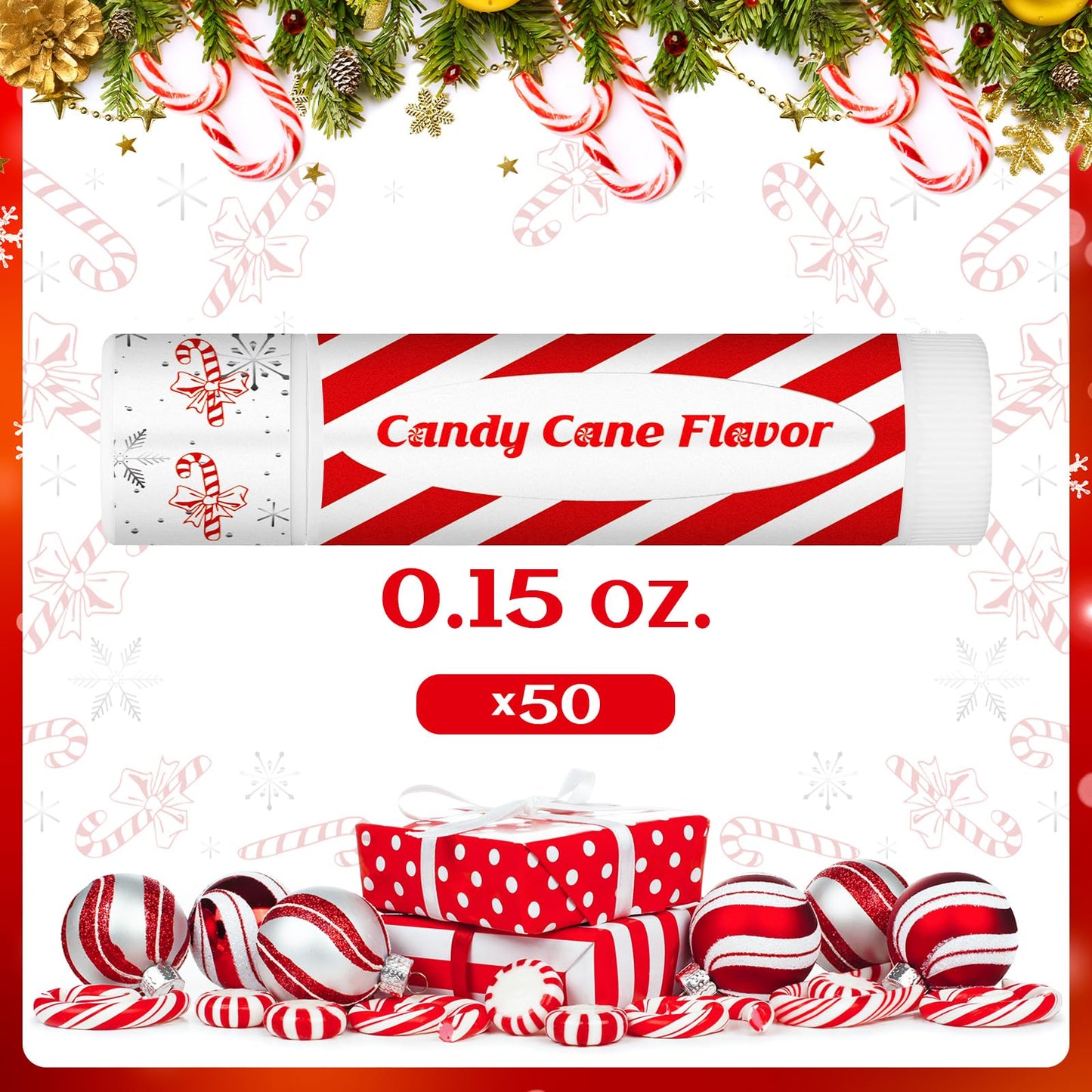 50 Pack Christmas Lip Balms Bulk Christmas Candy Peppermint Cane Scented Holiday Flavor Lip Balm Gifts Xmas Party Gifts Bulk Xmas Items Stocking Stuffers for Women Men Staff Employee (Candy)