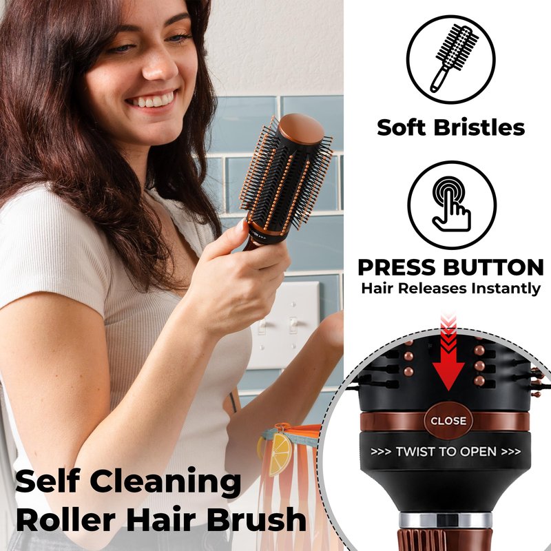 Shop LC Brown Self-Cleaning Hair Brush for Women | Retractable Bristle Detangler | Round Brush for Blow Out | Curly Straight Thick Hair | Compact Travel