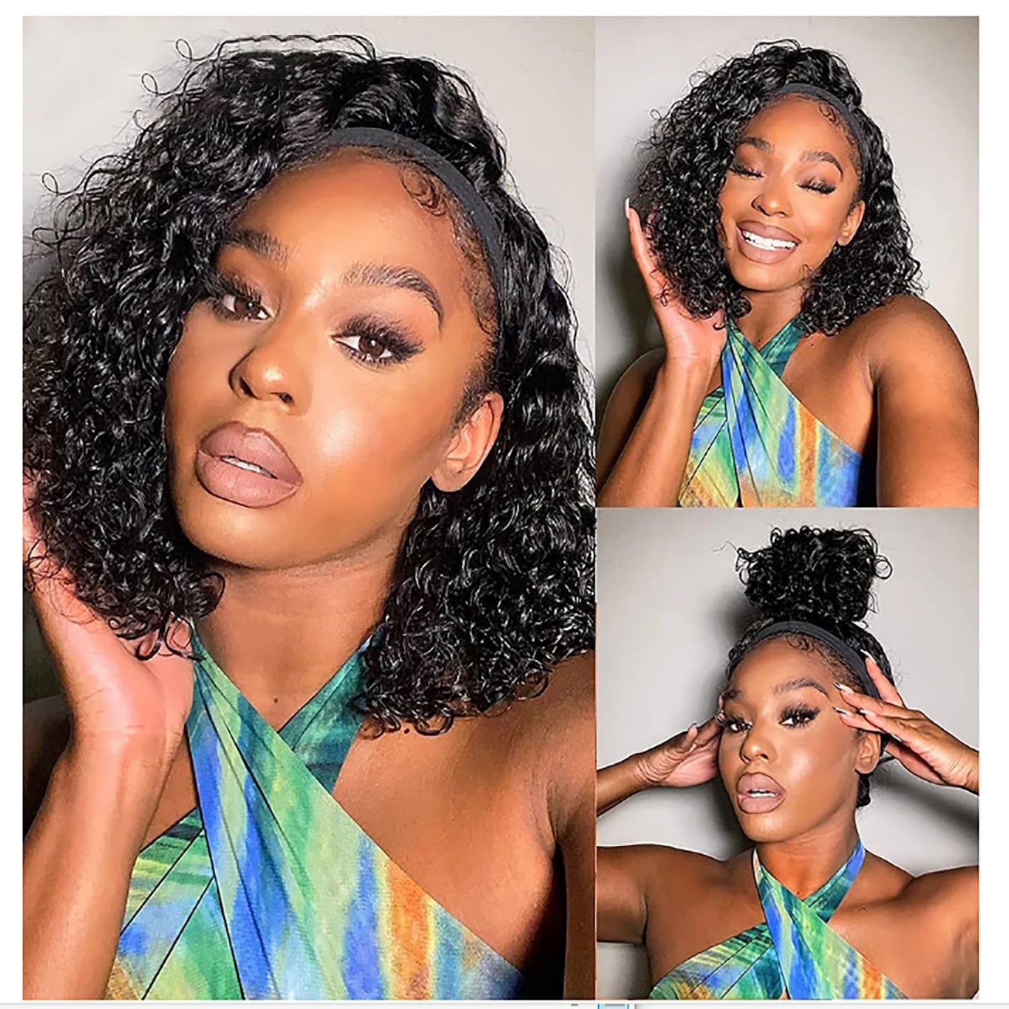 Youngirl Deep Wave Headband Wig Human Hair 14 Inch Curly Headband Wigs for Black Women Human Hair Glueless None Lace Front Wigs Brazilian Virgin Hair Wig Machine Made 150% Density Natural Black Color