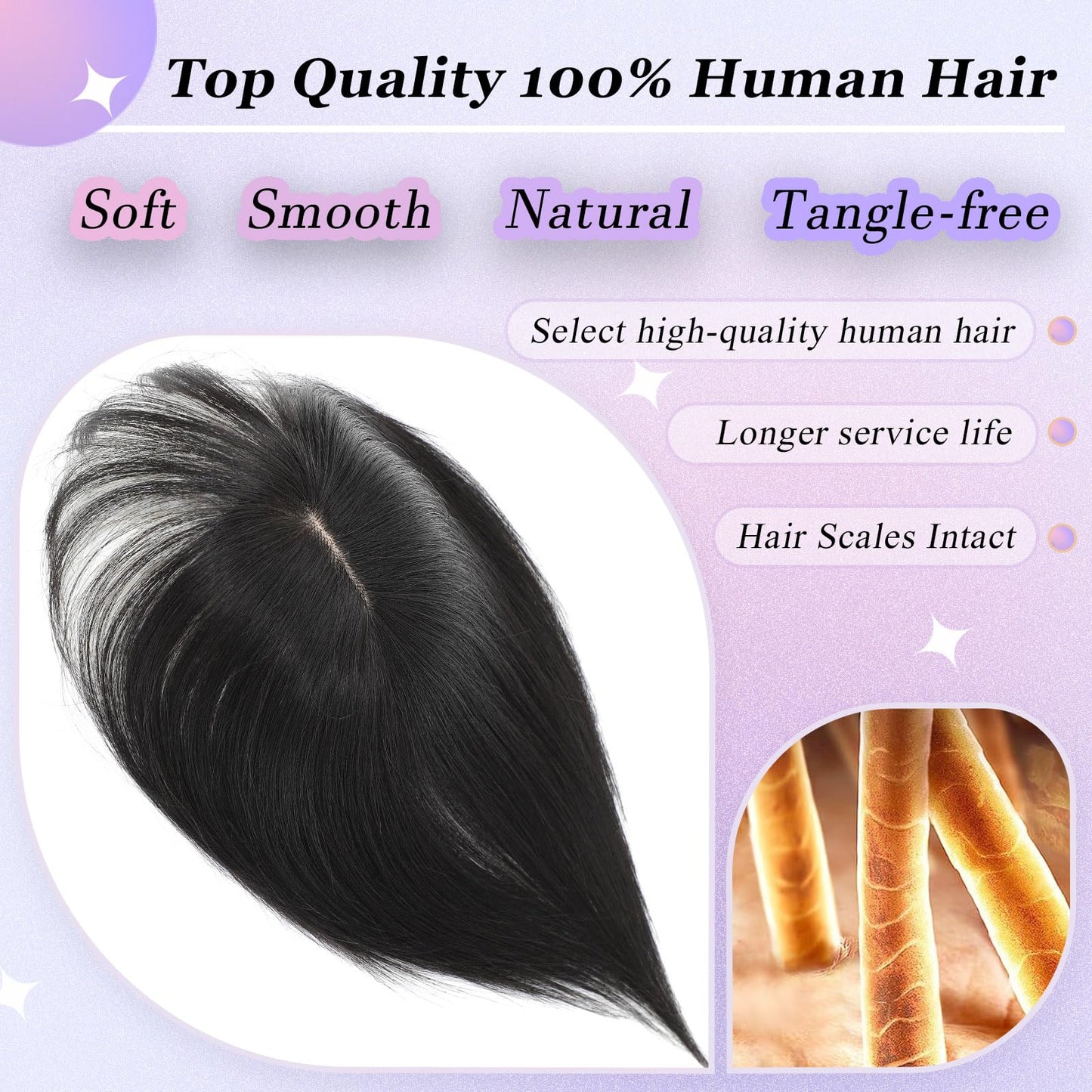 Insmi Hair Toppers for Women Real Human Hair， 360° 3D Cover Hair Topper Clip in Bangs 10 Inch Realistic Scalp Pieces for Women with Thinning Crown (Black, Wispy Bangs)