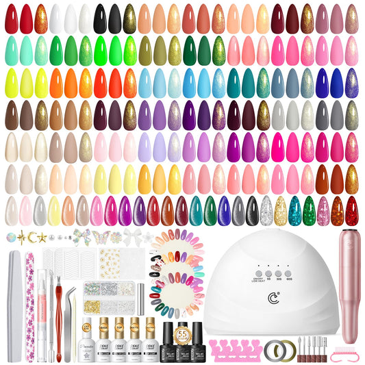 Peacecolor 83Pcs Gel Nail Polish Kit with U V Light and Drill, 56 Colors All Seasons Soak Off Gel Polish Set Cat Eye Gel with Matte/Glossy Glitter Base Top Coat Manicure Nail Kit Gifts for Women Girls