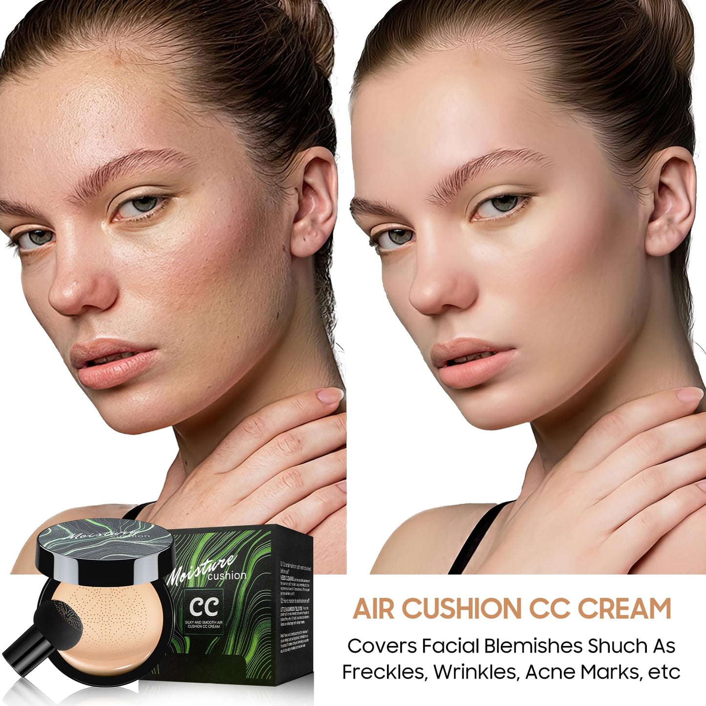 Ursoulney Mushroom Head Air Cushion CC Cream - tattoo cover up makeup is as soft as the skin, sponge head becomes bigger and softer (Natural)