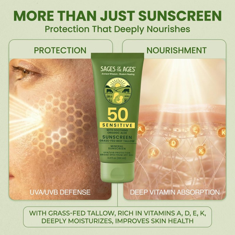 Grass-Fed Tallow Mineral Sunscreen SPF 50 — No White Cast, Non-Nano Zinc Oxide, Reef Safe UVA/UVB, Water Resistant 80 Min, Moisturizing & Soothing with Aloe Vera, Face & Body, 3.4 oz