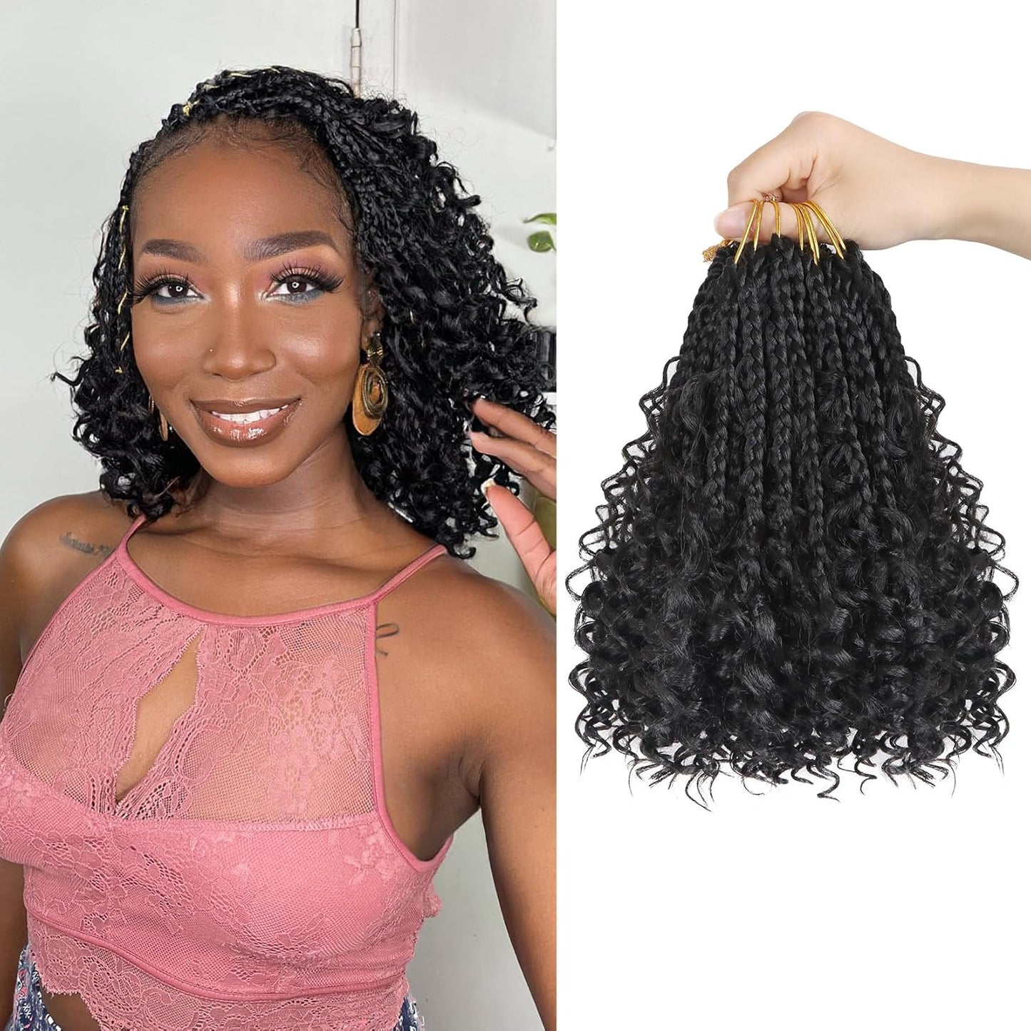 Goddess Box Braids Crochet Hair - 8 Inch Pre-Looped Boho Braids | Curly Ends, 8 Packs for Black Women