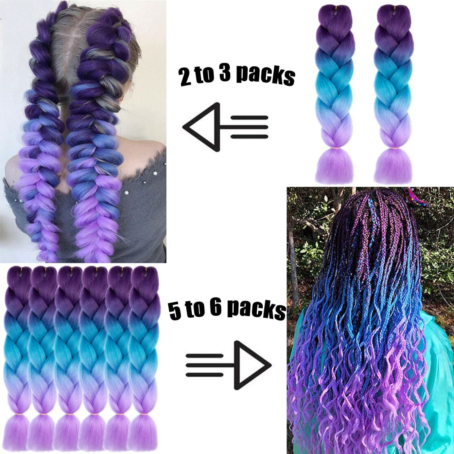 TENGSHUO FLY Rainbow Braiding Hair Extensions 6 Packs/24 Inch Synthetic Jumbo Ombre Box Braiding Hair for Women(in Black, Yellow, Orange, Green, Red, Purple, Blue) (24" 6 Pack)