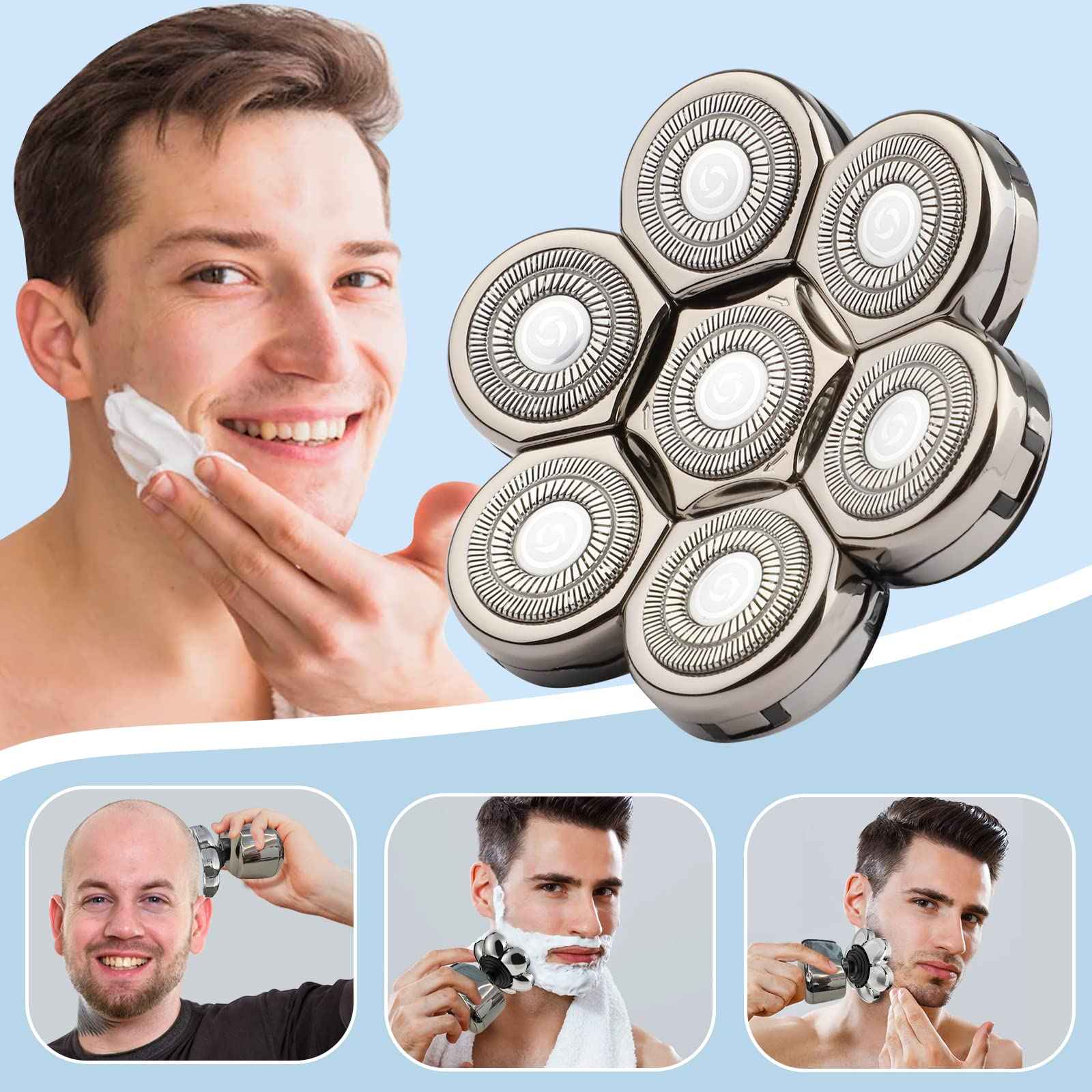 Electric Shaver Replacement Heads 7D - 7 Blades Head Shaver Replacement Heads Universal Stainless Steel Rotary Blade Refills for Bald Head Razor for Men (Silver Gray)