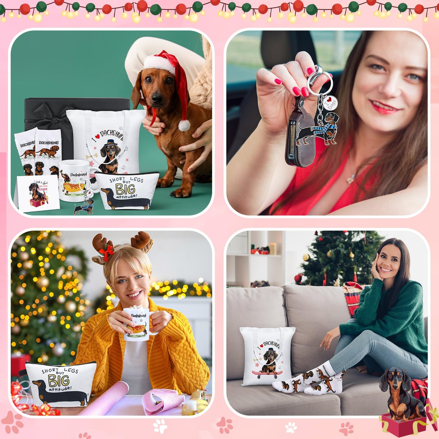 Didaey 7 Pcs Christmas Dachshund Gift Sets for Women Include Weiner Dog Keychain Cosmetic Bag Socks Mug Tote Bag Cards with Gift Box for Christmas Dachshund Lovers Gifts