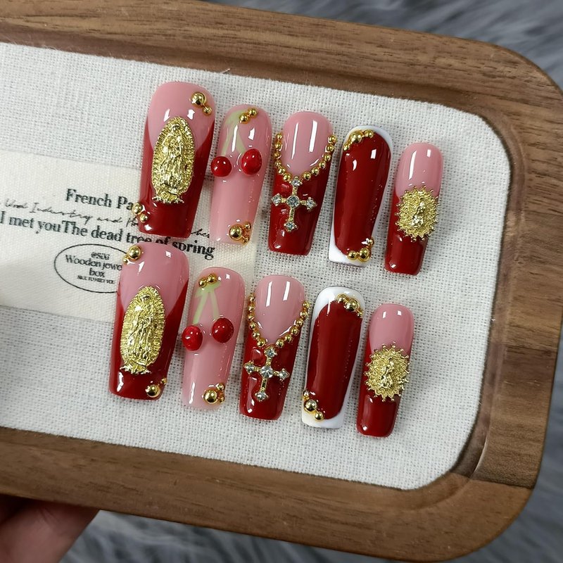 Burgundy French Press On Nails - Long Square 3D Embossed Cross Design | Elegant Gothic False Nails for Weddings (M)