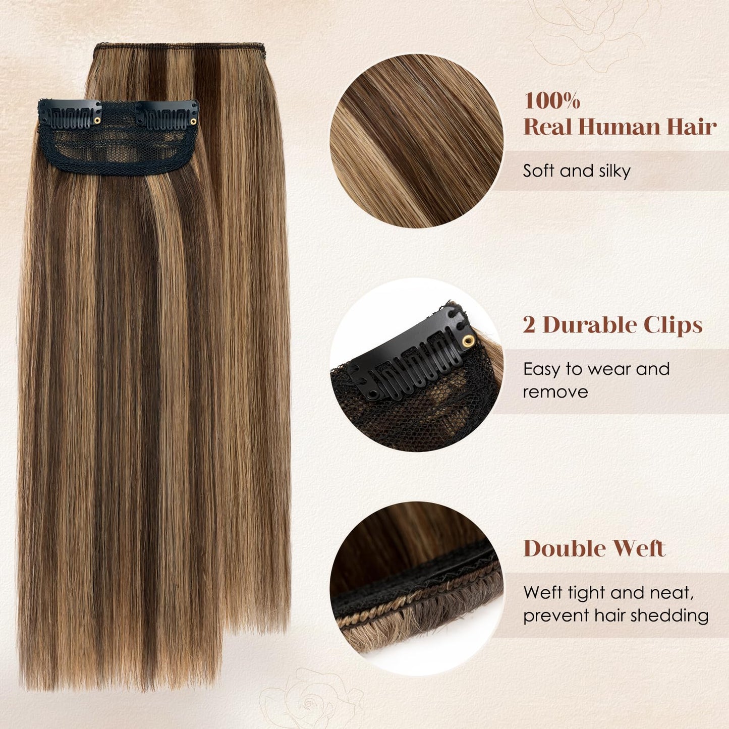 Charites Clip in Hair Extensions Real Human Hair Short Extensions for Women Adding Volume 2 Pcs Invisible Clip on Hairpieces with Thinning 6 Inch Medium Brown & Dark Blonde