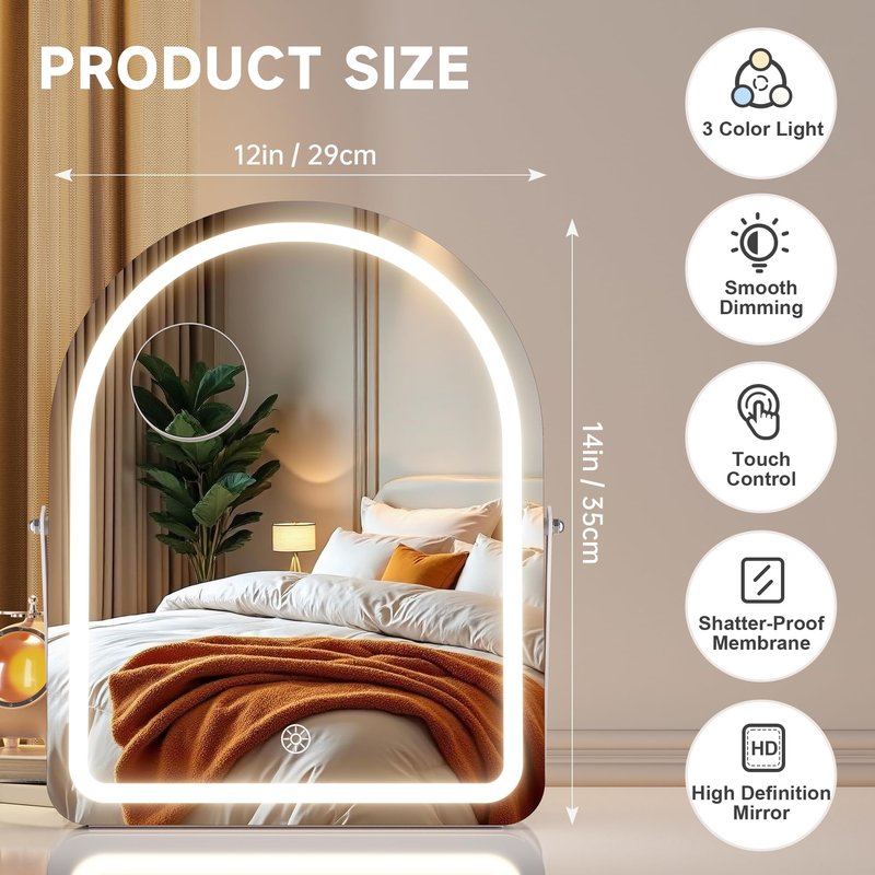 MINISO Vanity Mirror with Lights-12" x 14" Arched Makeup Mirror with 3 Color Lights, Adjustable Brightness,10X Magnification