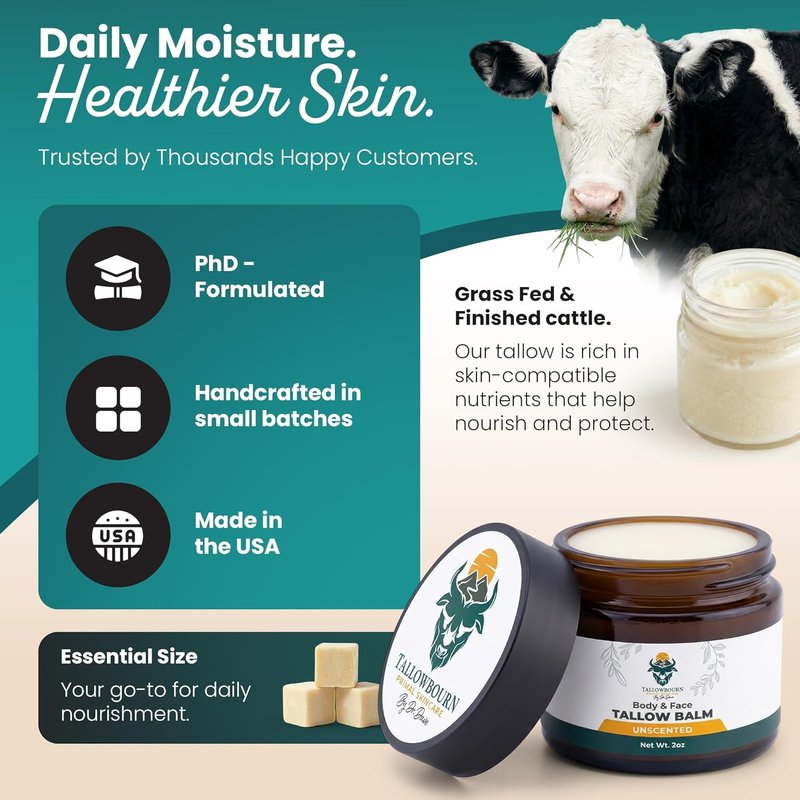 Grass-Fed Beef Tallow Balm - Nourishing Moisturizer with Shea Butter & Jojoba Oil | Unscented 2 oz for Dry Skin