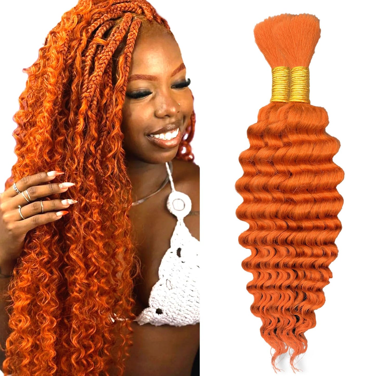 Ginger Human Braiding Hair 16 Inch 100 g 2 Bundle Deep Water Wave Bulk Human Hair for Braiding Curly Human Hair for Boho Braids Wet and Wavy Human Hair Extensions No Weft Micro Braiding Hair