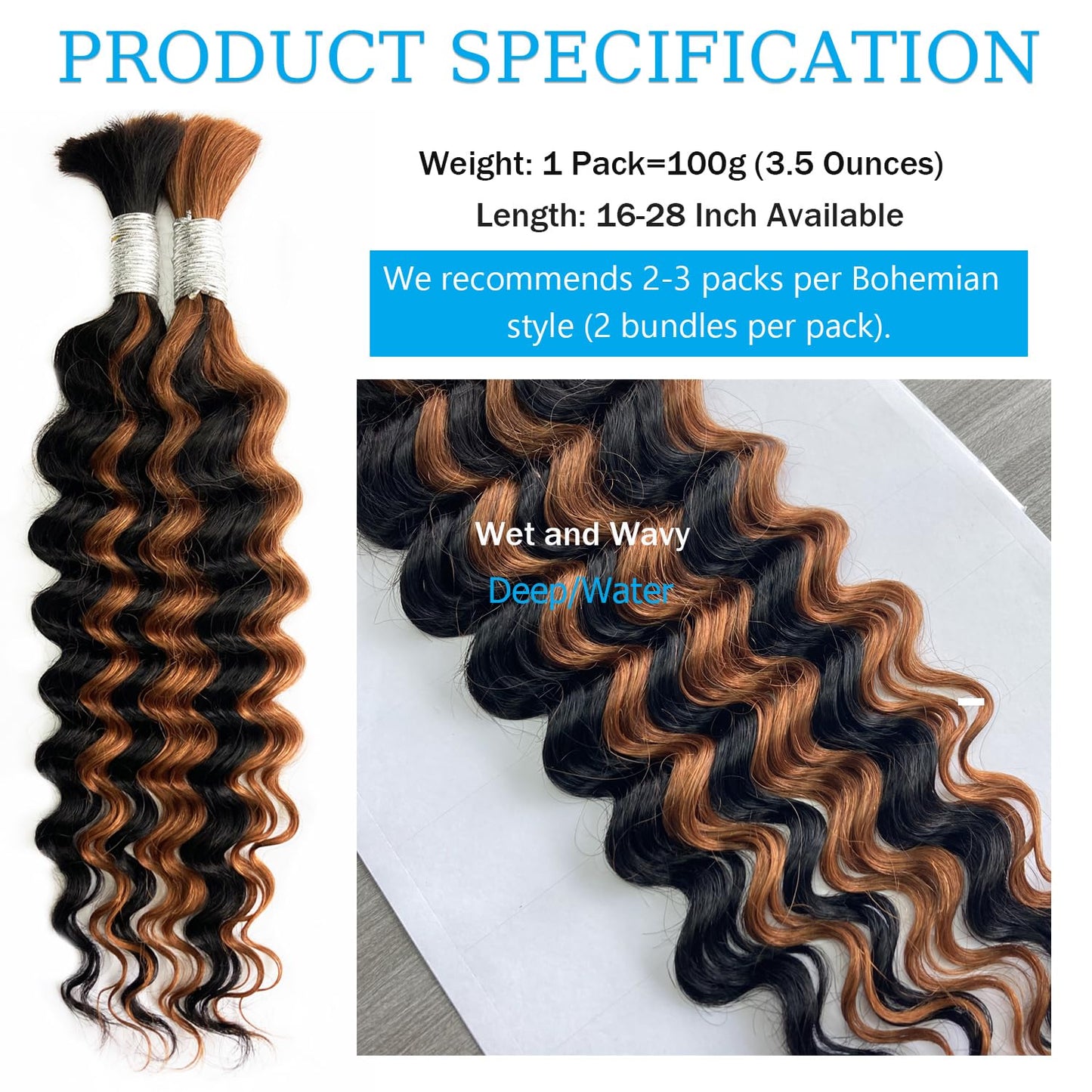 Human Braiding Hair - 16 Inch Deep Wave Bulk for Boho Braids | 1B/30 Black Mix Brown