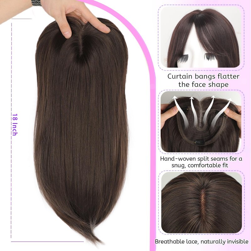 Eawwii Hair Topper for Women Clip in Bangs – 18 Inch Medium Length Straight 360° Full Coverage Dark Brown,Synthetic Natural Looking Piece for Thinning Hair