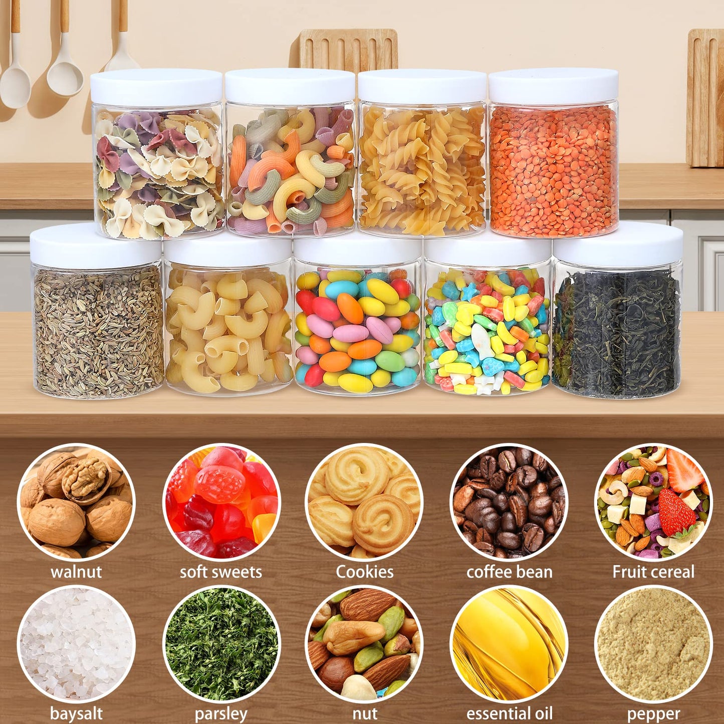 OUSHINAN 36PCS 8OZ Plastic Jars with Screw On Lids, Labels Refillable Empty Round Slime Containers for Storing Dry Food, Honey Jam, Cream, Butter, Lotion (White)