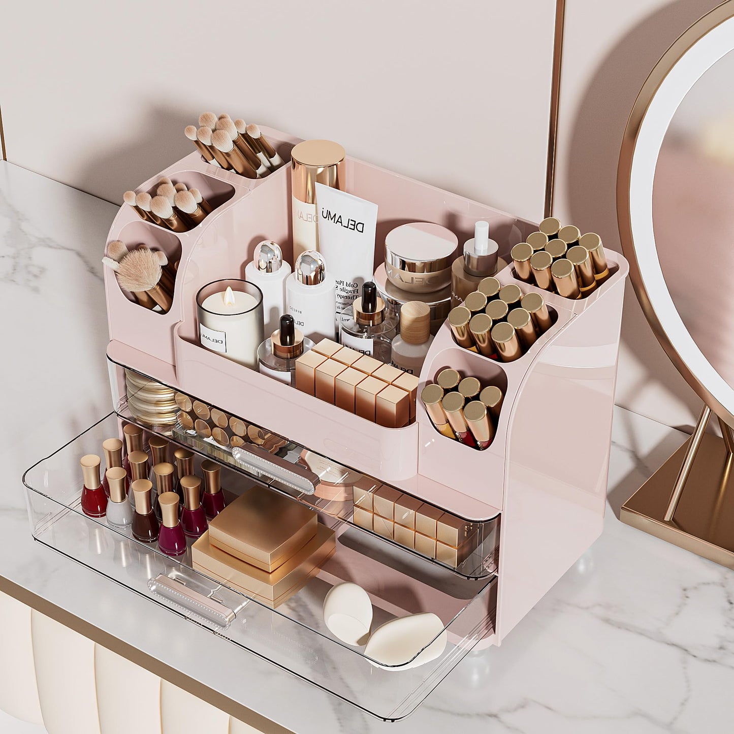 Delamu Large Makeup Organizer Countertop with 6 Brush Holders, Makeup Organizers for Vanity with 2 Large Drawers, Easy to Store Skincare, Lipsticks, Nail Polishes, Perfumes, Eyeshadow Palettes, Pink