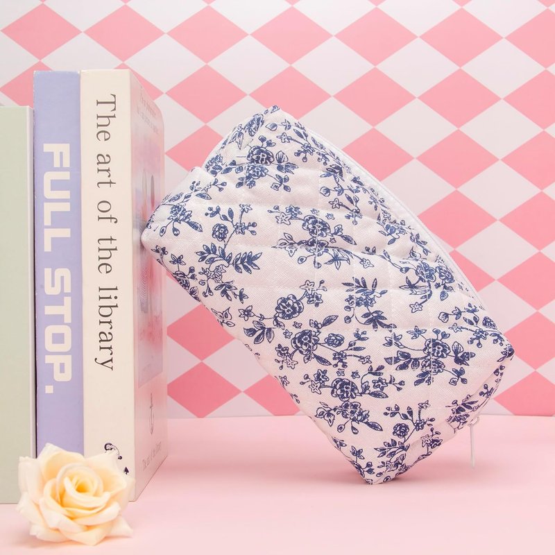 Vintage Quilted Makeup Bag Set - 6PCS Cosmetic Pouches for Brushes & Travel Accessories | Jouy Blue