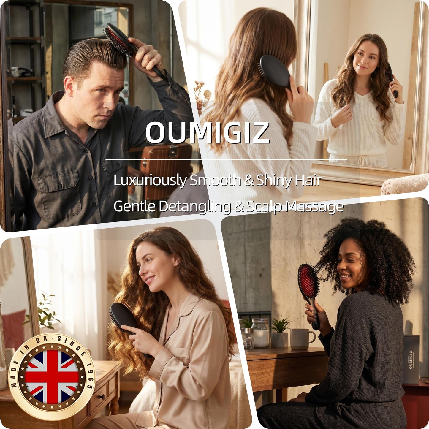 OUMIGIZ Boar Bristle Hair Brush Since 1965 British Craftsmanship, Handmade Natural Wood Slick Back Hairbrush, Gentle Detangling Smoothing Women Men Kids Curly Thick, Fine Hair