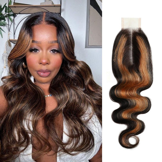 BQRIH #F1B/30 Brown Highlighted 2x6 HD Closure Only Body Wave Human Hair 12 Inch, 15A Salon Grade 100% Virgin Deep Part Ombre Honey Brown Highlight 2by6 Kim K Lace Closure Pre Plucked For Women Sew In