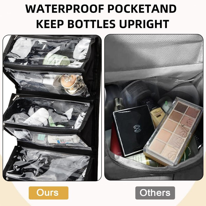 ROYALFAIR Roll Up Makeup Bag, Waterproof Toiletry Bag for Women, Hanging Travel Organizer bags with Jewelry Organizer Compartment, Extra Large 4 Clear TSA Approved Pouches Cosmetic Makeup (black)