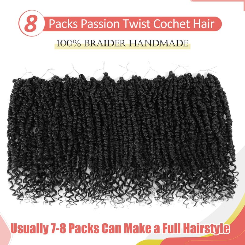 Alicoco Passion Twist Crochet Hair 14 Inch Passion Twist Hair Pre Looped 8 Packs Spring Twist Crochet Braids with Curly Ends Pre-Twisted Crochet Hair for Women (1B/30)