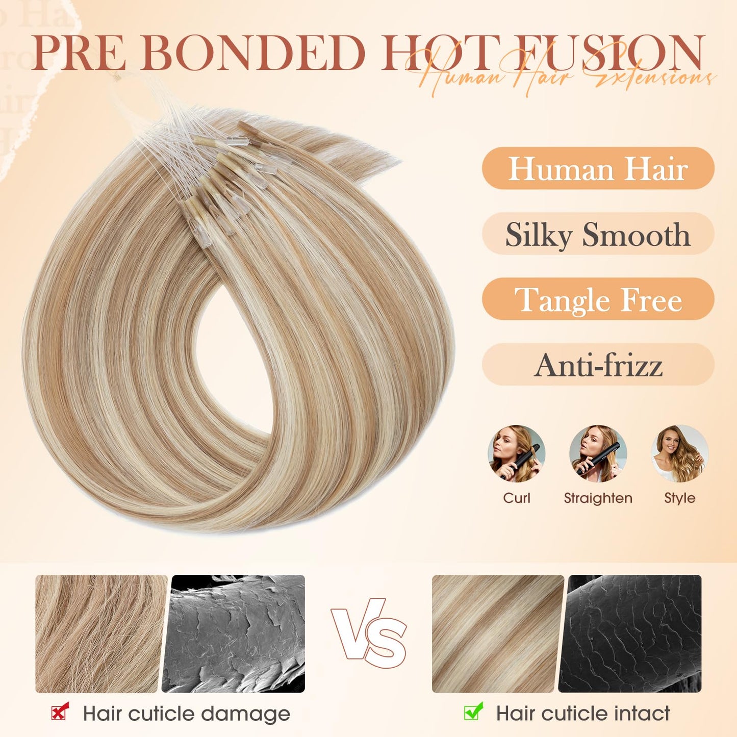 Hairro U Tip Human Hair Extensions Micro Ring Keratin Glue U-tip Hot Fusion Remy Hair Balayage Highlight Color 16 inch 50g 50 Strands #12P613 Golden Brown Mix Bleach Blonde