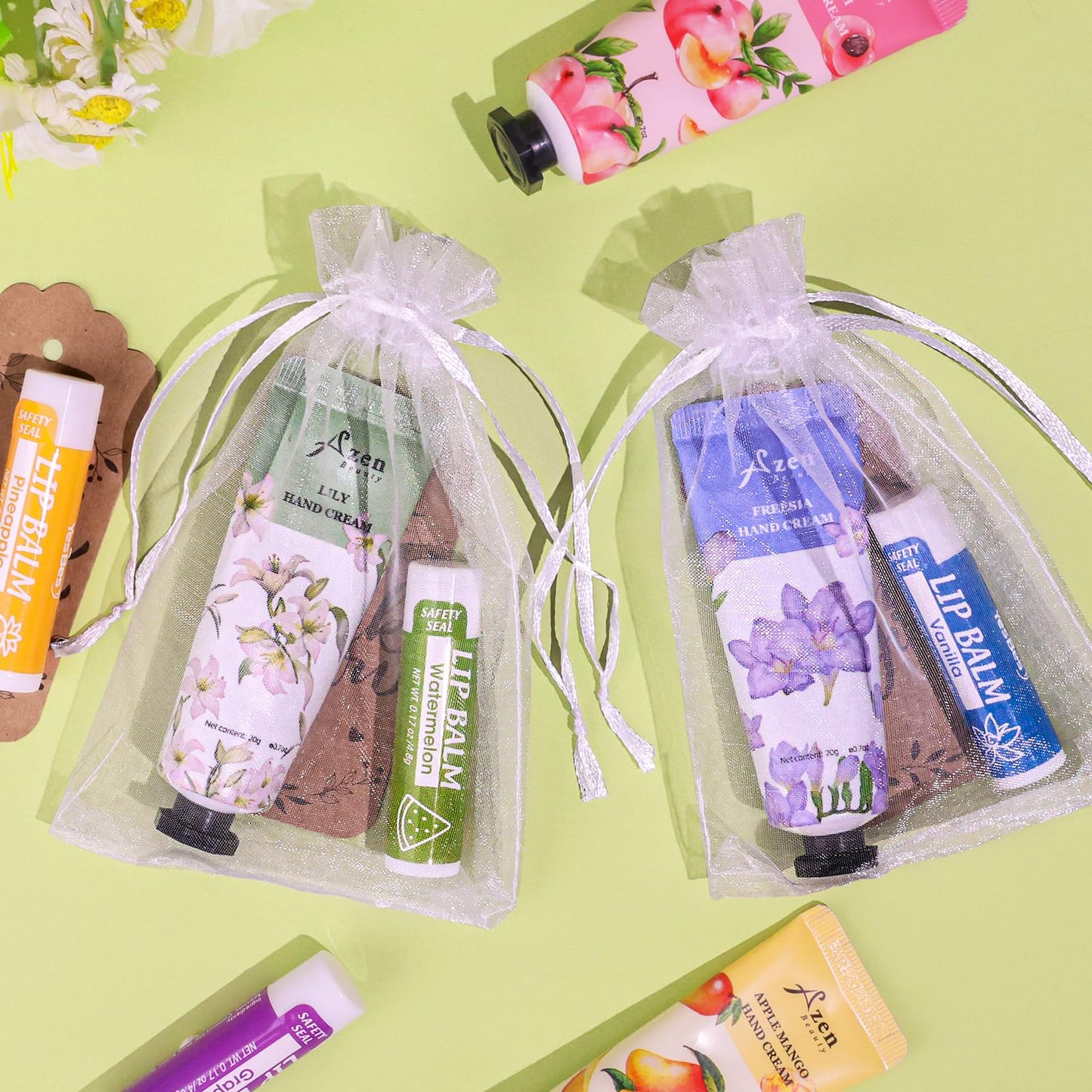 AZEN 64 Sets Bulk Gifts, Hand Cream and Lip Balm Bulk Set with Organza Bag Thank You Card, Baby Shower Wedding Gifts for Guests, Bridal Wedding Favors, Valentines Gift for Women