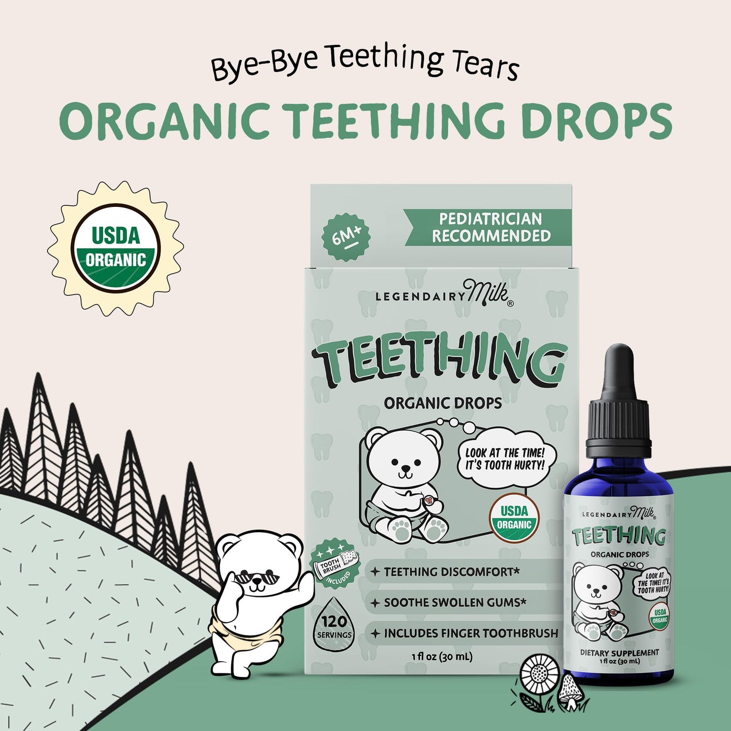 Legendairy Milk Organic Baby Teething Relief Drops with Silicone Toothbrush, Gum Relief for Babies & Toddlers 6 M+, Soothing Chamomile Clove Blend, Teething Gel Alternative, Sugar Free, 120 Servings