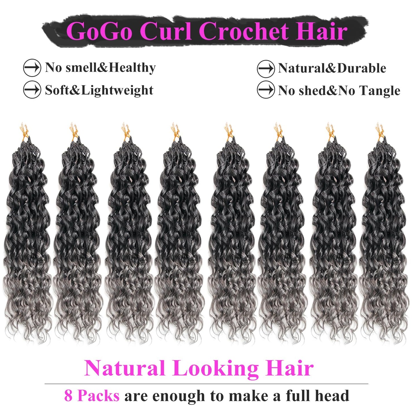 XSASLYET GoGo Curl Crochet Hair for Black Women, 10 Inch 8 Packs Pre Looped Synthetic Water Wave Braids, Deep Wave Curly Crochet Hair Extensions (1B/Grey)
