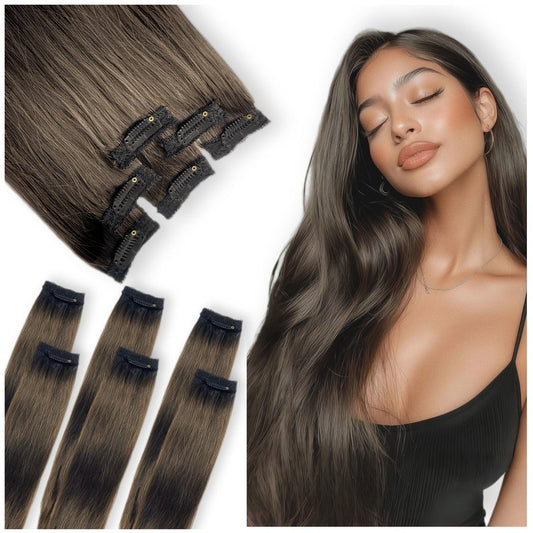Human Hair Clip In Extensions, Single Clip Ins Short Hair Extensions, Remy Balayage Highlight Hairpieces for Women 6 Pcs 16 Inch 40g Dark Brown