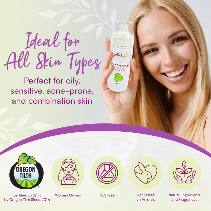 Made in USA Cucumber & Witch Hazel Toner Spray for Face – Gilly’s Organics Natural Astringent with Aloe & Tea Tree – Pore Minimizer, Acne Mist, Hydrating Primer & Moisturizer, 3 fl oz