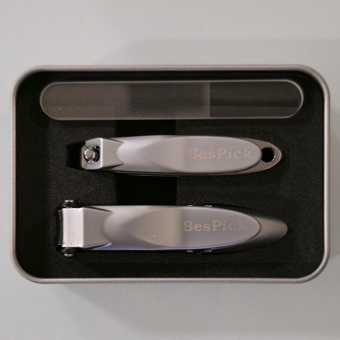 BesPick Large Sharp Heavy Duty biomimetic Stainless Steel Anti-Splash Self-Collecting Anti Splash Nail Clippers Set with Catcher, Baby Nail Clipper and Nano Glass Nail File (Silver, 3 Pieces Set)