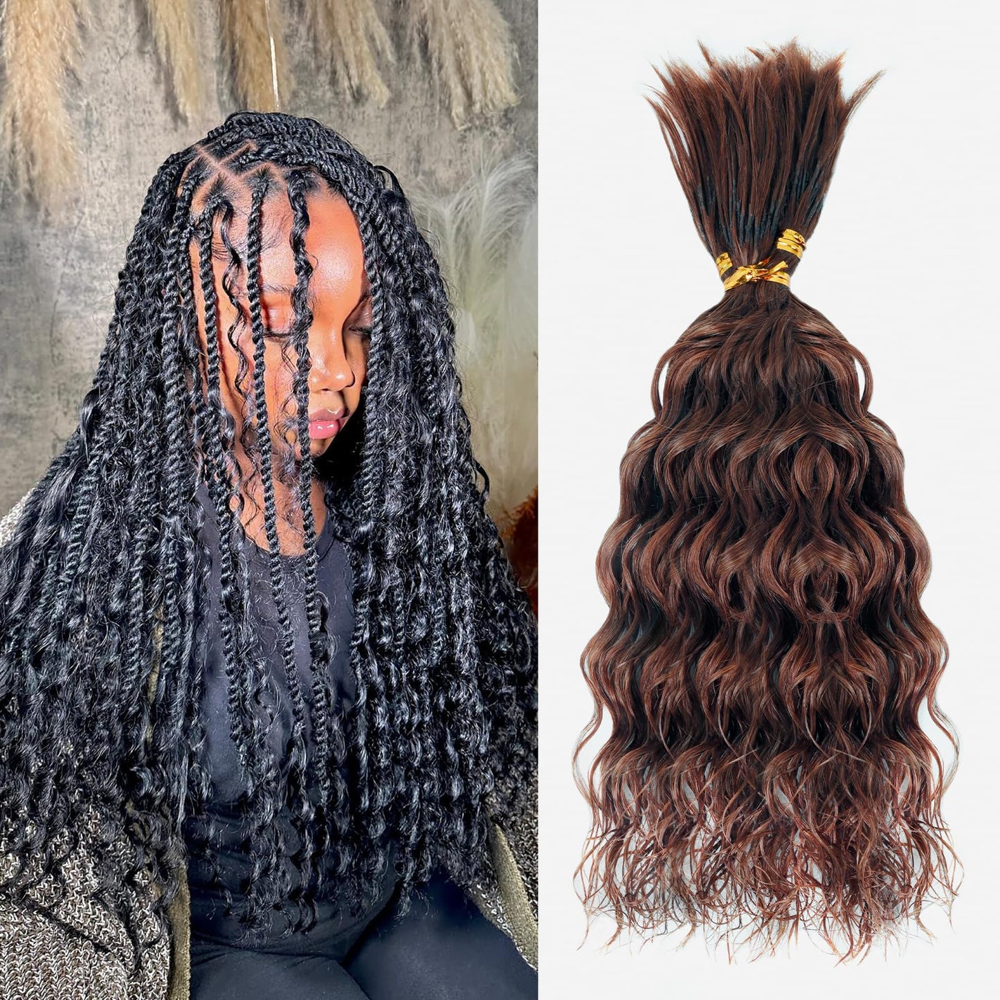 Pre-Divided Human Braiding Hair for Curly Boho Braids Bulk Pre-streached Deep Water Wave bulk Braiding Hair for Boho Braids Wet and Wavy Hair Extensions（4# 14" -85g）