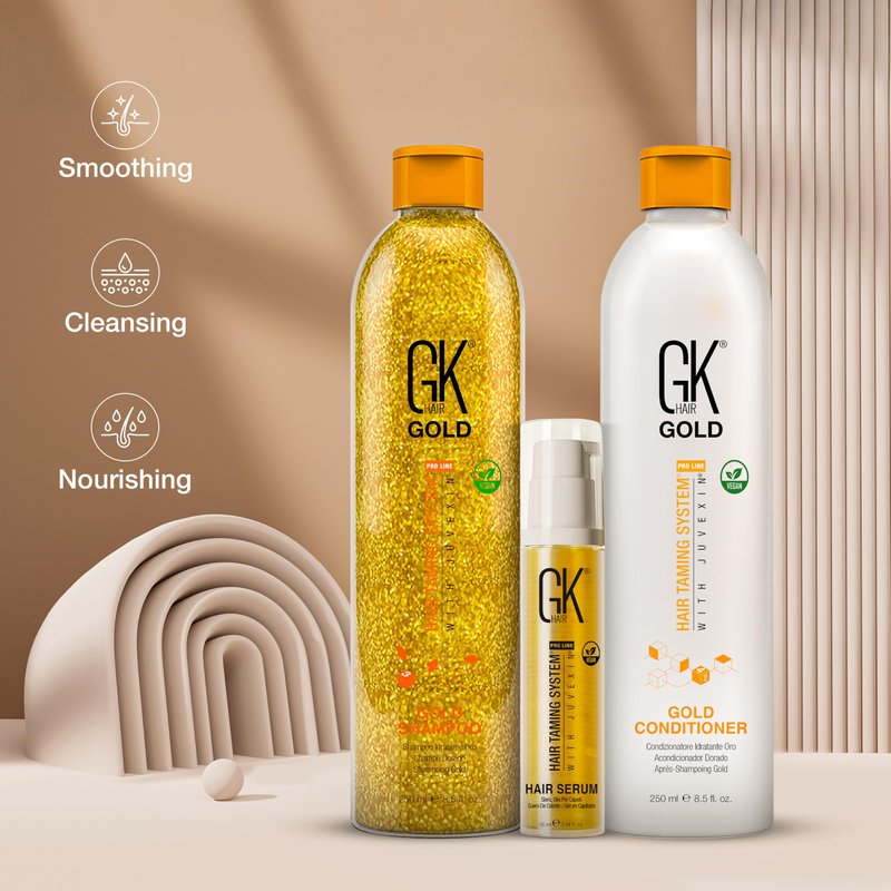 GK Hair Gold Shampoo and Conditioner Duo with Free Argan Oil Serum Contains Argan Oil, Shea Butter, Natural Oils for Hairs Moisturizing Shine and Protection