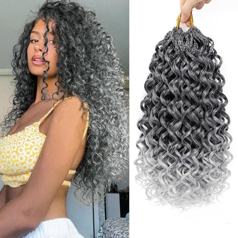 Gogo Curl Grey Crochet Hair - 18 Inch Pre-Twisted Curly Braids | Deep Ocean Wave, Synthetic Extensions