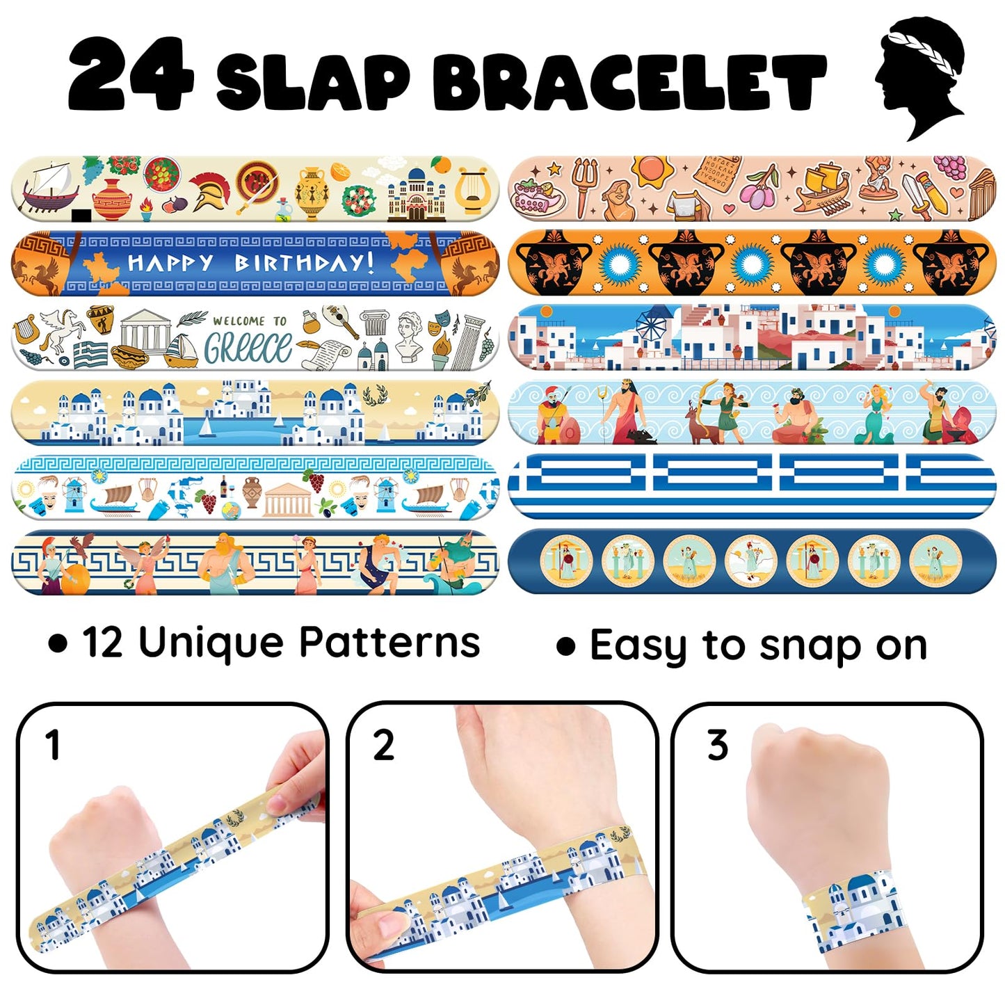 96 PCS Greek Mythology Party Favors Set – 72 Pre-Cut Temporary Tattoos & 24 Slap Bracelets, Perfect for Cultural Festivals & Travel-Inspired Celebrations