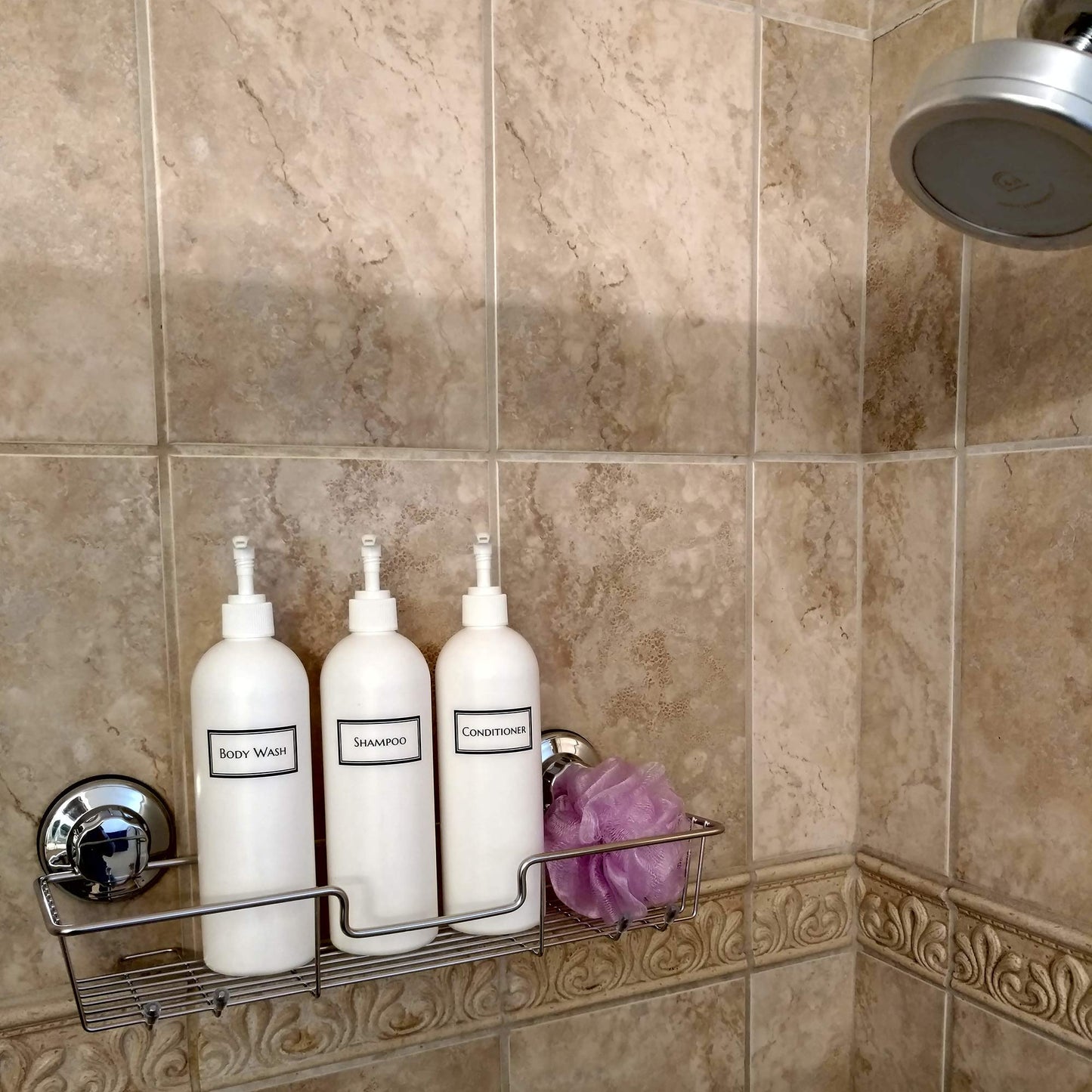 Artanis Home Silkscreened Empty Shower Bottle Set for Shampoo, Conditioner, and Body Wash, Cosmo/Bullet 16 oz 3-Pack, White (White Pumps)