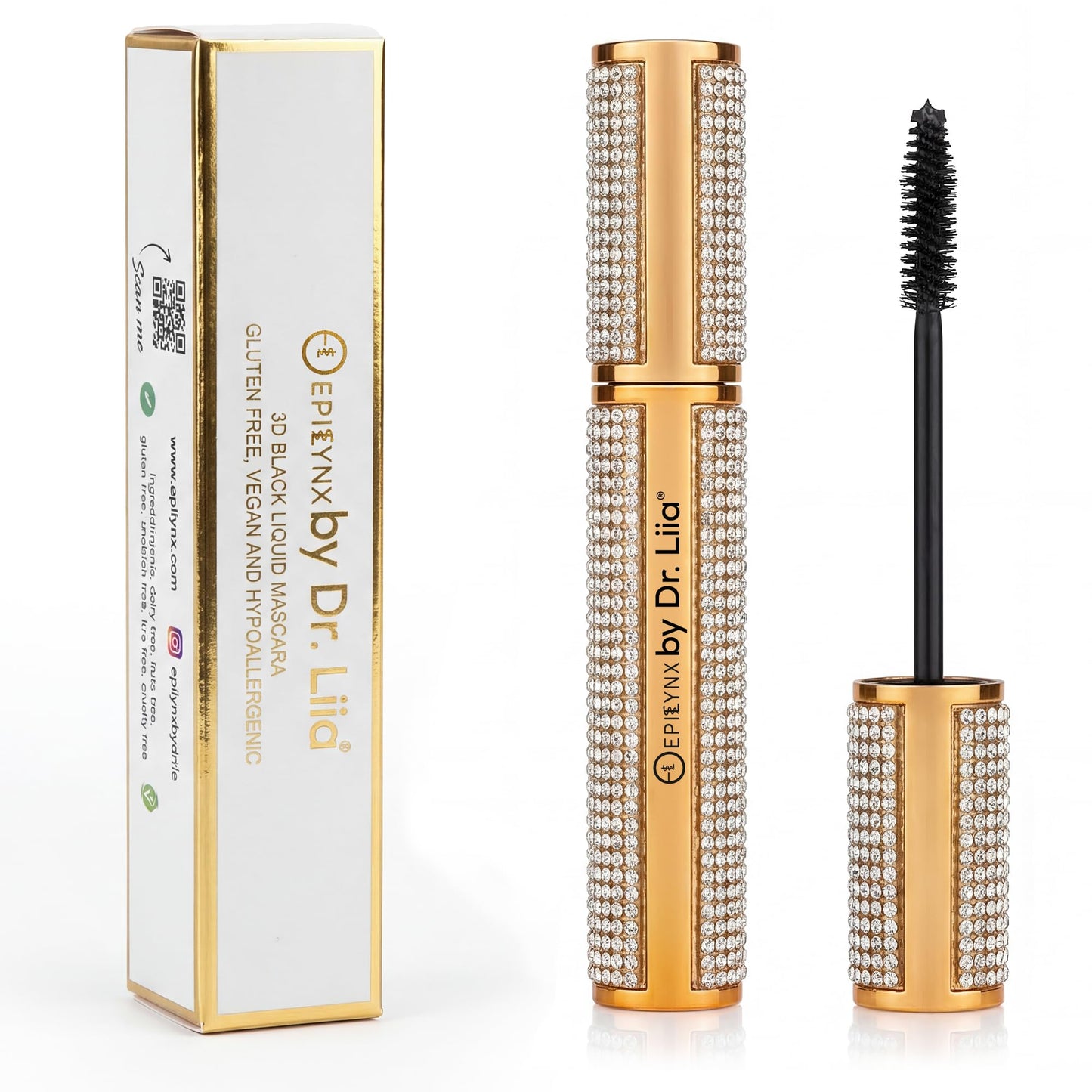 EpiLynx by Dr. Liia Volumizing Vegan Mascara – Lengthening Black Mascara for Bold, Defined Lashes, Smudge-Proof, Waterproof, Gluten-Free, Cruelty & Paraben-Free (Gold Diamond Case)