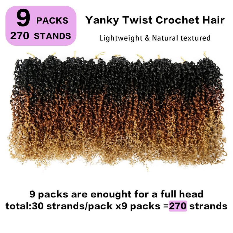 Yanky Twist Crochet Hair 9 Pack(270 Strands Total)Pre loop Pre Twisted Yanky Twist Braids Crochet Hair,Synthetic Spring Short Passion Twist Crochet Braiding Hair Extensions For Women(1B3027, 12 Inch)