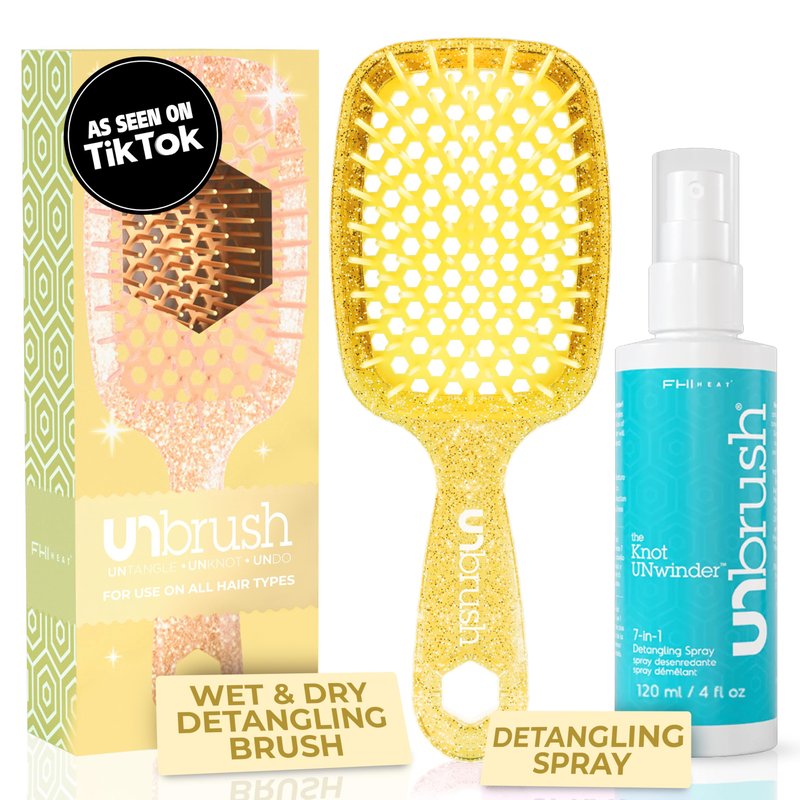 FHI Heat UNbrush Detangling Brush and UNwinder Detangling Spray Combo Pack - Tangle-Free Hair, Pain-Free Brushing, Anti-Static Bristles, Lightweight Hair Brush, Amber Yellow