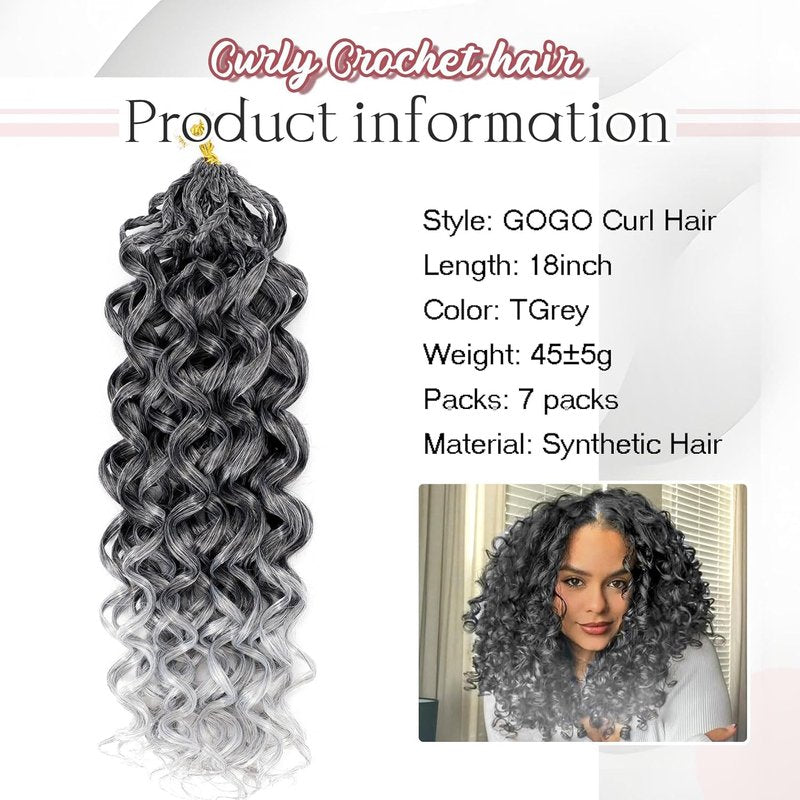 Gogo Curl Grey Crochet Hair - 18 Inch Pre-Twisted Curly Braids | Deep Ocean Wave, Synthetic Extensions