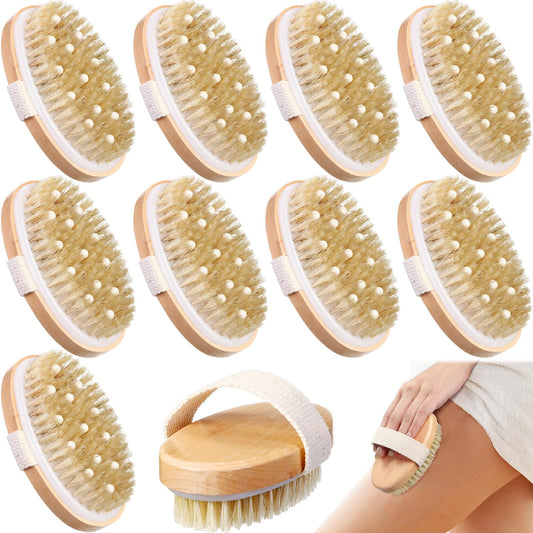 Gejoy 10 Pcs Dry Brushing Body Brush for Lymphatic Drainage Exfoliating Brush with Massage Nodule Dry Skin Body Scrubber Cellulite Shower Circulation Dead Exfoliator (4.92 x 2.56 Inches,Wood Color)