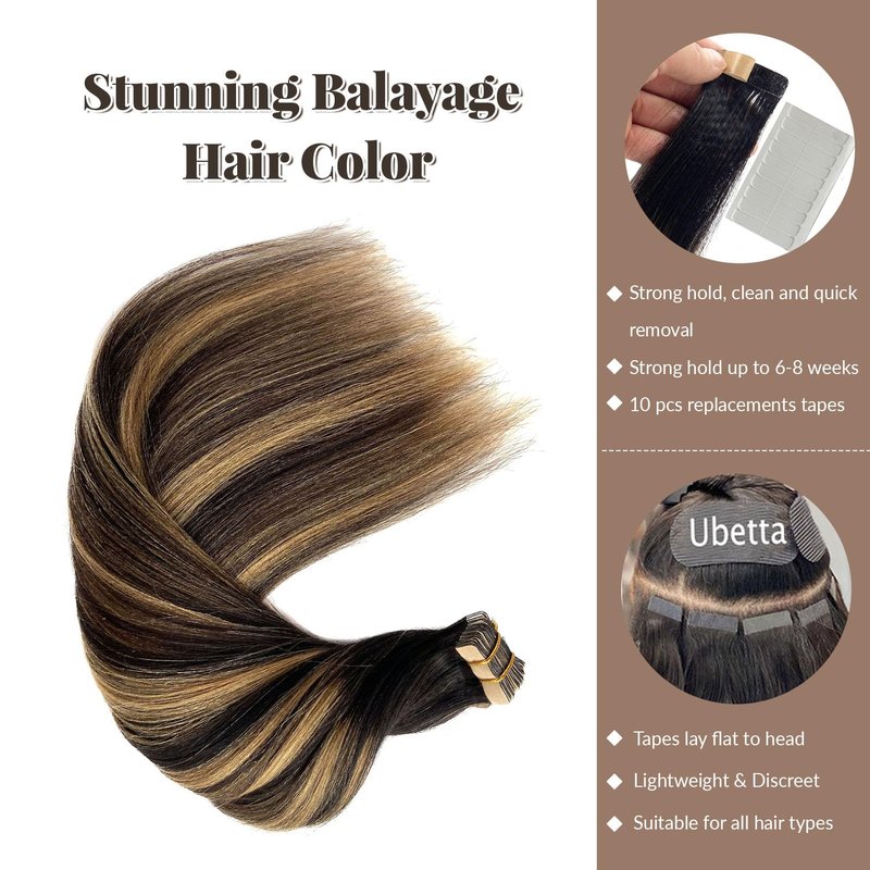 Tape in Hair Extensions Human Hair Yaki Straight Natural Black Hair Extensions Balayage Caramel Blonde Highlights Real Remyh Human Hair 12 Inch 50g/pack 20pcs Tape Hair Extensions for Black Women