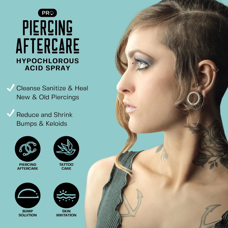 BASE LABORATORIES Piercing Aftercare Hypochlorous Acid Spray PRO - 8 OZ | Saline Solution Piercing Aftercare - Saline Spray for Ear Piercings, Bumps & Keloids | Ear, Nose, Belly - 2PK