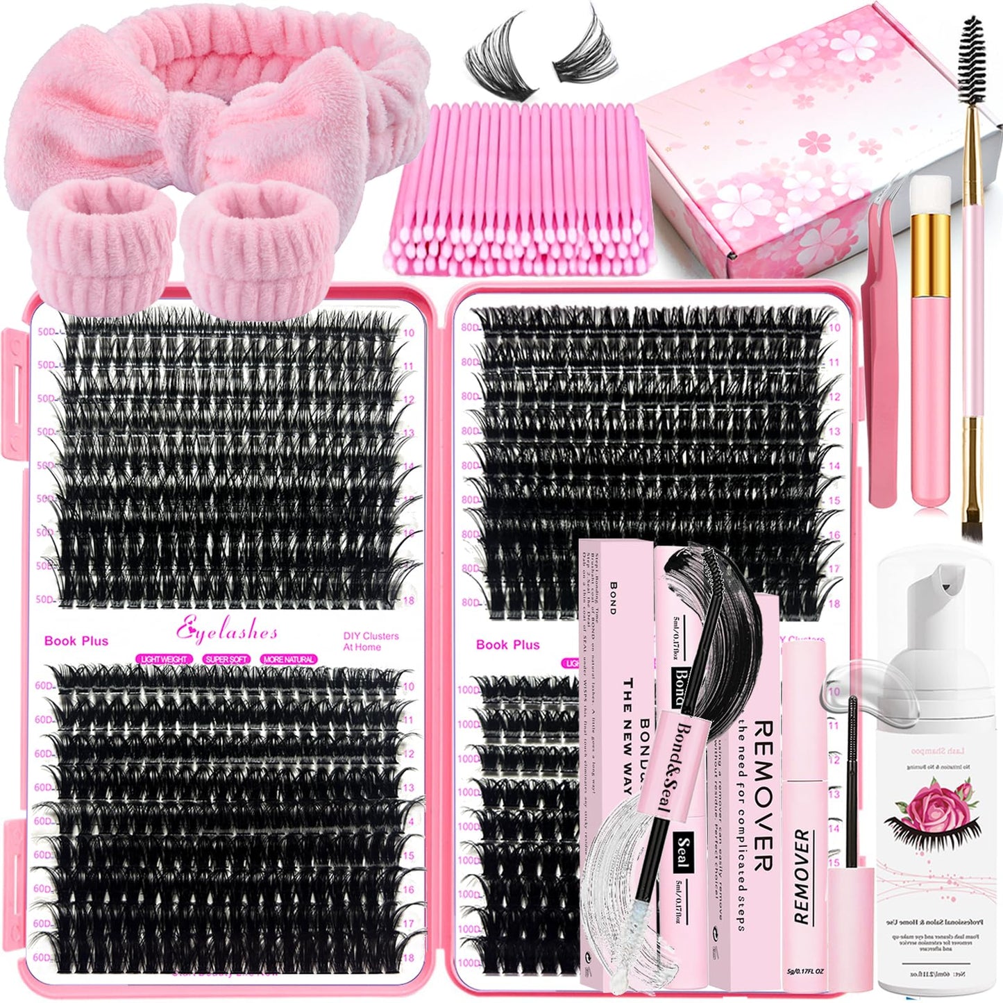 DNSGOOR DIY Lash Extension Kit 684Pcs 10-18mm D Curl Lashes Clusters with Lash Bond and Seal Glue Remover Lash Shampoo Cleansing Brush Headband Wristband Tweezers Eyelash Brush Applicator