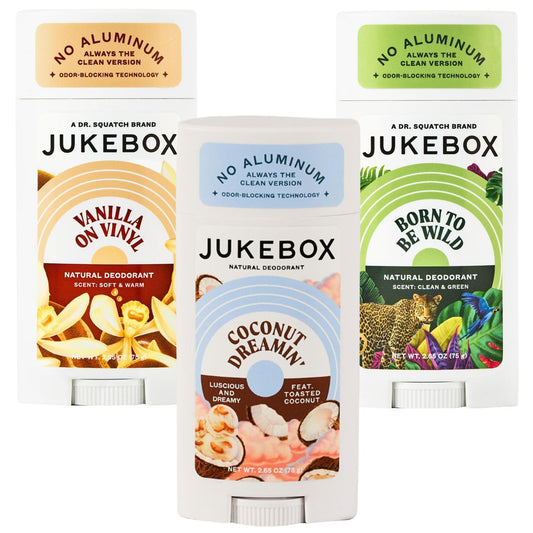 Jukebox Natural Deodorant for Women–Coconut Dreamin', Vanilla on Vinyl & Born To Be Wild, Multi Pack-Aluminum-Free, No Baking Soda, No Harsh Chemicals, Odor Blocking-a Dr. Squatch Brand-2.65oz,3 Pack