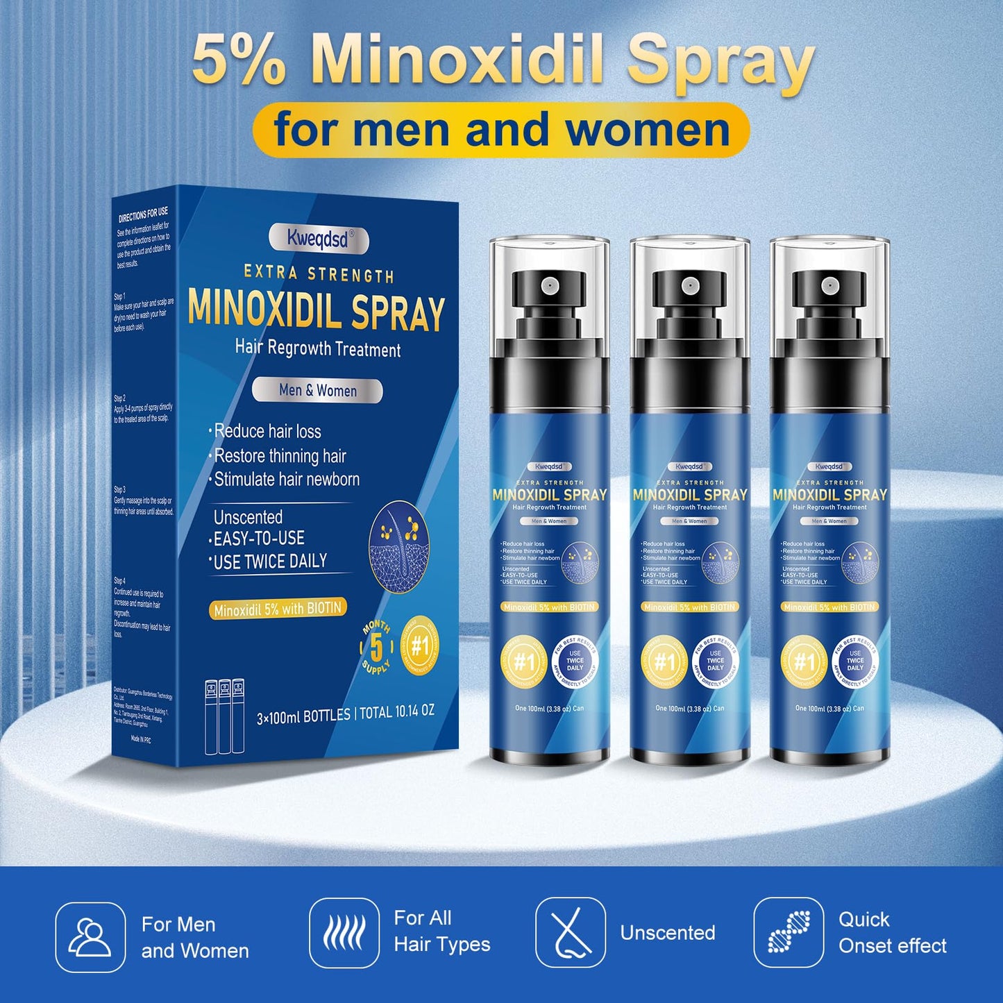 5% Minoxidil Spray for men-Supplied with a minoxidil applicator， Infused with Biotin, Hair Growth Treatment, Supports Thicker and Fuller Hair & Beard (21oz, 10 Month Supply)